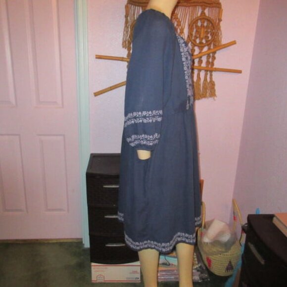 Sundance Caspian Breeze Dress Size L Linen Blend Embroidered Puff Sleeve Pockets - Picture 8 of 12